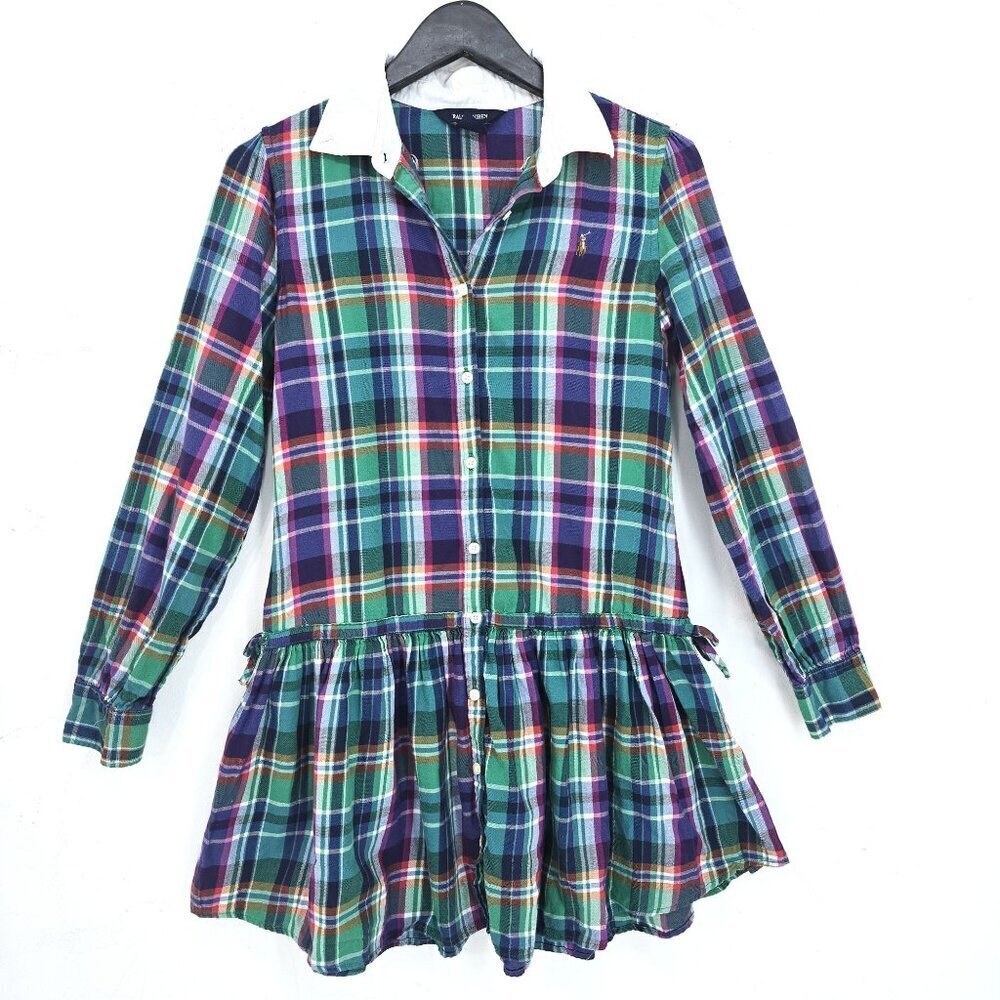 Ralph Lauren Black Label Green Plaid Roll Tab Button Front Dress Girls' 16